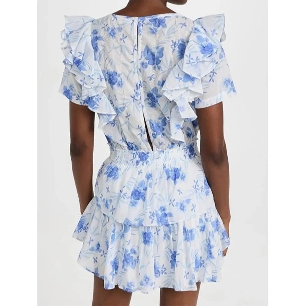 LoveShackFancy Womens XL Floral Mini Dress Blue White Ruffle Cotton